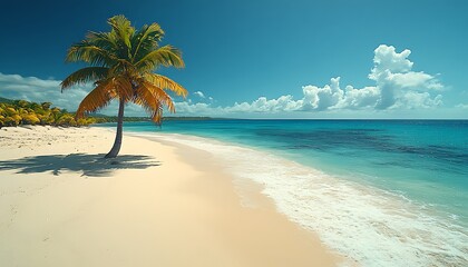Idyllic tropical beach scene; palm tree, white sand, turquoise water