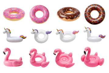 inflatable pool float set PNG. Flamingo inflatable pool float PNG. Unicorn inflatable top view isolated. Donut inflatable pool float flat lay png