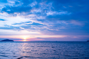 Nature beautiful light sunset or sunrise over sea surface,Colorful sunset sky with clouds and waves in the ocean,Wide angle sea background