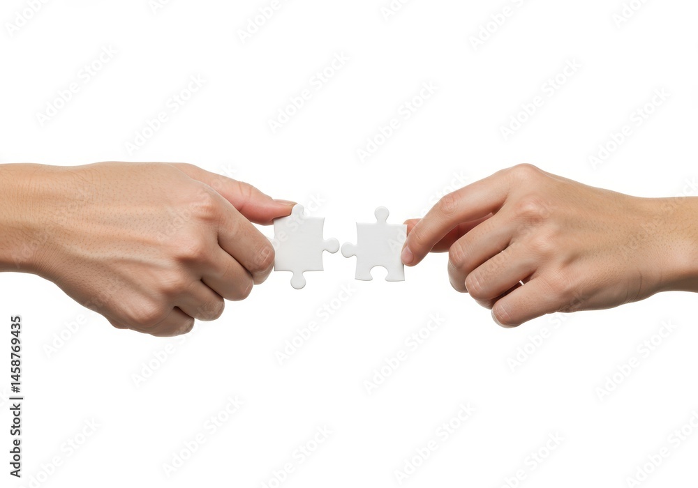 Poster two hands connecting white puzzle pieces against a white background, symbolizing teamwork and proble