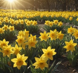 Fototapeta premium Sunlit field of vibrant yellow daffodils, petals gleaming , beauty, flora, yellow