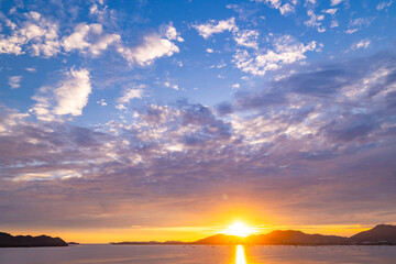 Nature beautiful light sunset or sunrise over sea surface,Colorful sunset sky with clouds and waves in the ocean,Wide angle sea background