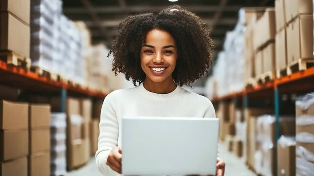 Happy young woman in a warehouse environment, using a laptop to manage online orders and track inventory, standing among shelves filled with boxes