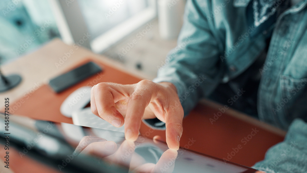 Aufkleber Hands, business man and touch tablet for internet connection for networking, communication or media. Employee, person and technology for closeup, search and planning online with digital ui or ux