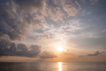 Nature beautiful light sunset or sunrise over sea surface,Colorful sunset sky with clouds and waves in the ocean,Wide angle sea background