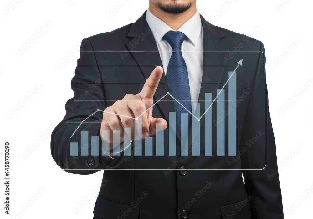 Poster businessman in suit pointing at a virtual upward trending bar graph on a transparent screen, isolate