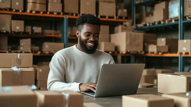 Happy young woman sitting in a warehouse, working on her laptop while checking inventory, surrounded by shelves of stock and packages ready for shipment