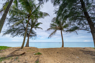 Beautiful sandy beach and sea in sunny day,Blue sky in good weather day, Beach sea space area nature background