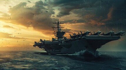 Fototapeta premium A large military ship is in the middle of a stormy sea with dramatic sky is dark and cloudy