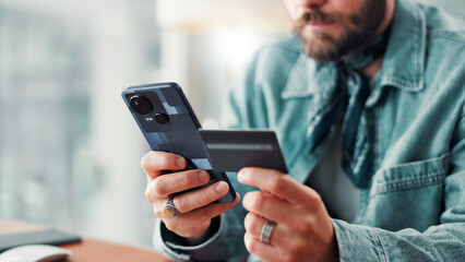 Hands, business person and phone with credit card for internet subscription for membership plan. Employee, creative man and technology for banking, application payment or online shopping in office