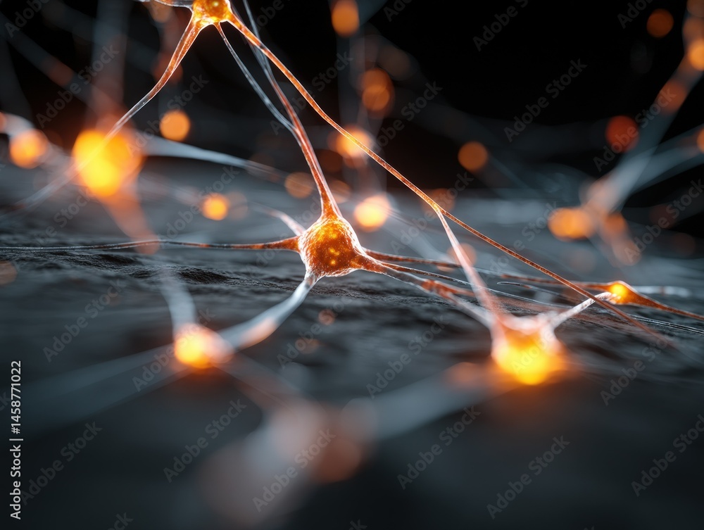 Aufkleber close up visualization of neurons connected by synapses with glowing effects