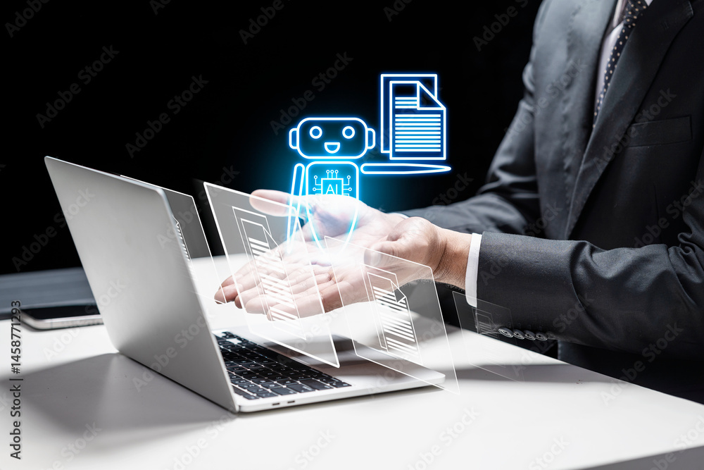 Poster businessman with laptop showing icon of ai or artificial intelligence robot for business process aut