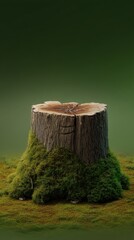 Stump covered in vibrant green moss sits on a grassy field under soft natural lighting in a serene forest setting