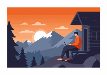 Fototapeta premium A man works on a laptop outdoors, overlooking a mountain range at sunset. A rustic cabin provides a scenic backdrop. Modern, vibrant illustration.