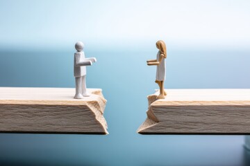 Miniature figures illustrate connection over a gap on wooden planks during a calm background setting
