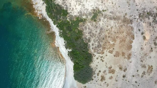 Overhead drone footage showing the beauty of Assyk Kul Lake, with lush greenery along its sandy shores. The perfect blend of nature and serenity in Kyrgyzstan.