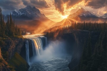Fototapeta premium Golden sunlight illuminating helmcken falls and the coniferous forest at sunset, creating a mist-filled canyon and breathtaking landscape in wells gray provincial park, british columbia