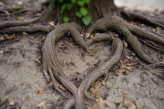 Heart-shaped tree roots create a natural symbol of love in a serene outdoor setting during autumn
