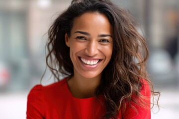 Smiling woman in red top expresses joy in a vibrant urban setting