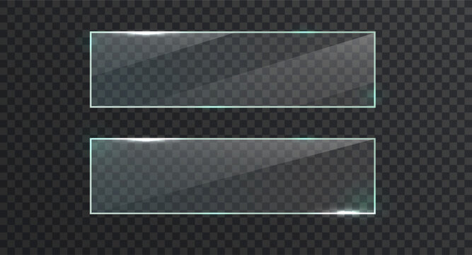 Transparent banners with reflections. Realistic transparent glass window in rectangle frame