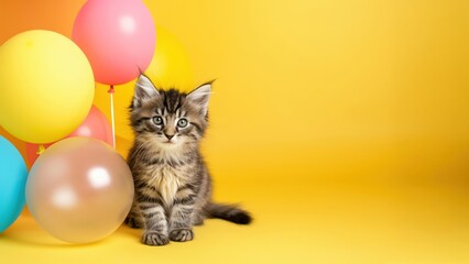 Kitten sitting near pink and blue balloons. Birthday party and animal theme.  

