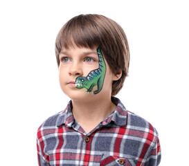 Cute boy with dinosaur face painting on white background