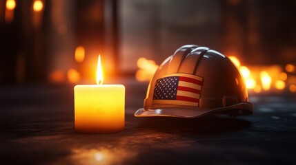 Workers Memorial Day Candle and Helmet Symbolizing Tribute and Remembrance