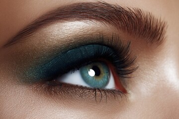Obraz premium Close-up of a beautifully styled eye with green and brown makeup showcasing intricate details of lashes and skin texture