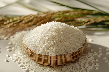 White rice grains in a woven basket with rice stalks arranged in the background showcasing natural details and textures