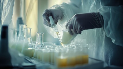 Macro photograph of a scientist in a white lab coat working with milk samples in glass beakers, holding a test tube, ideal for science, laboratory research, dairy, and food industry concepts.