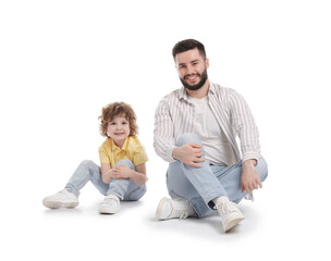 Happy father and his son on white background