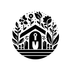 Garden Cottage Logo: Black and White Floral Design in Circle