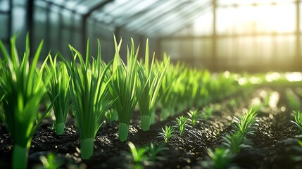 Growing leeks in greenhouse vegetable garden fresh produce organic farming sustainable agriculture healthy food