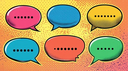 Colorful Pop Art Speech Bubbles: A vibrant illustration featuring six speech bubbles in various colors, set against a textured background, symbolizing communication, conversation, and dialogue.
