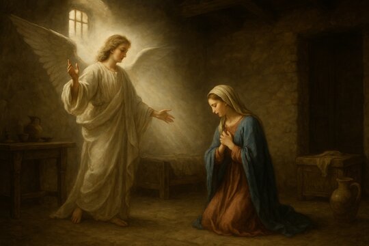 Angel Gabriel appears to Mary in her home in Nazareth, bathed in soft divine light, as she kneels in awe in a peaceful biblical scene.