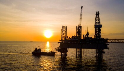 Fototapeta premium Silhouette of oil rig platform at sunset with small ship container nearby. 
