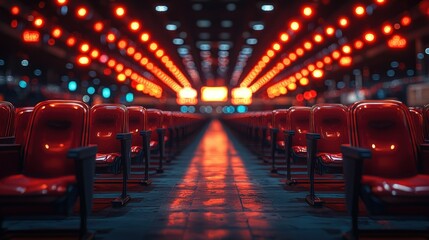 Rows of red seats under bright, vivid lighting