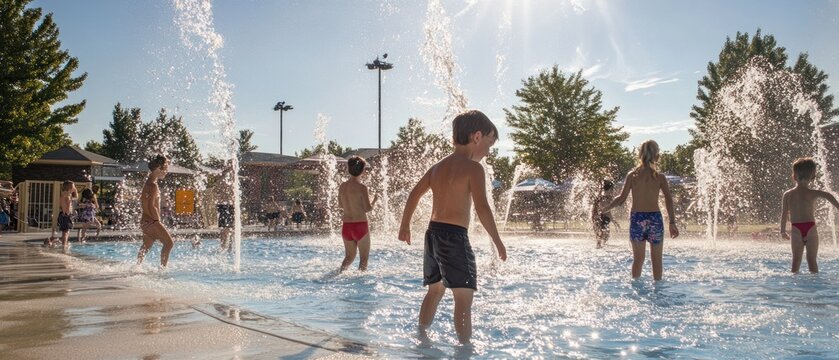Summer Fun at the Splash Pad: Children Playing in Water Fountains