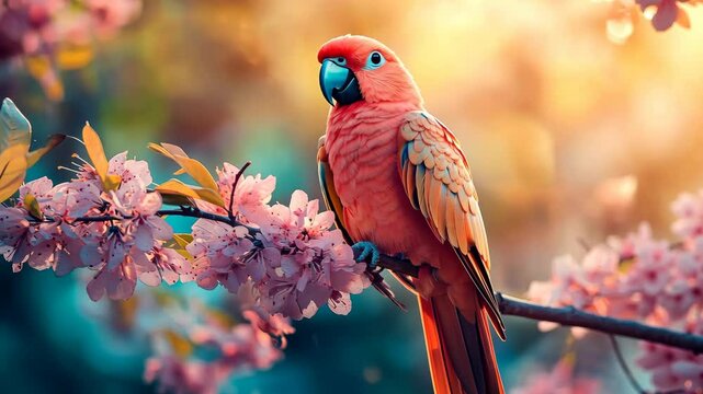 Vibrant pink parrot perched on blossoming branch, bathed in warm sunlight