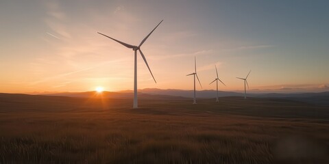 Obraz premium Wind turbines at sunset a majestic view of renewable energy in nature