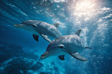 Dolphins swimming in the blue water 3d rendering