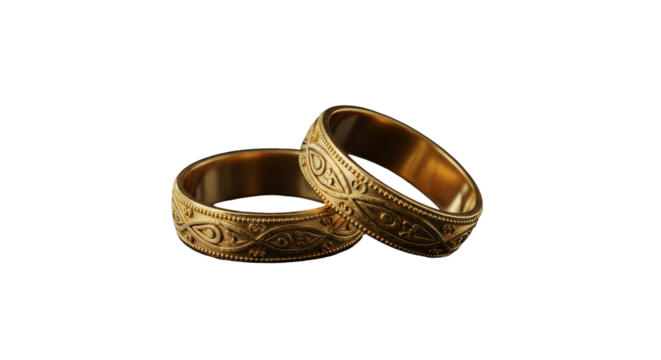 Ornate gold wedding bands intertwined elegantly