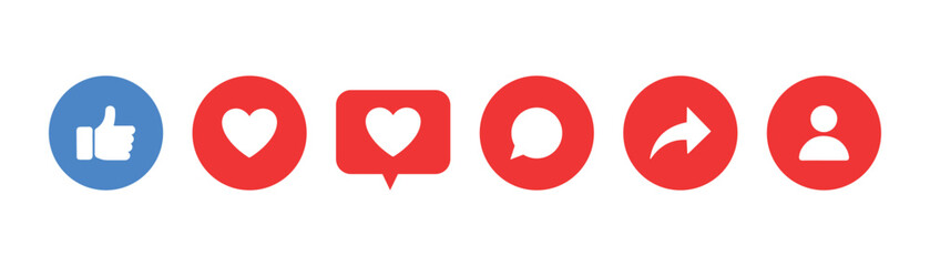 Thumbs up, like or heart, comment, share and follow, collection Button notification for social media icon vector.