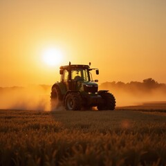 Fototapeta premium Tractor Working in Wheat Field at Sunset 