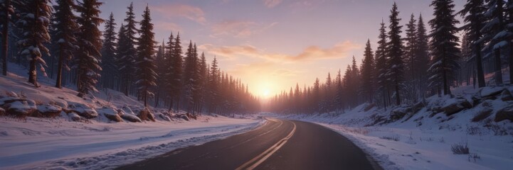 winding road through snowy woods, sunrise paints sky, stars blaze above ,  vibrant,  sky,  depth