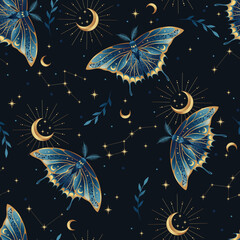 Seamless magic blue vector pattern. Moon moth, herbs, stars. Bohemian fabric design. Contemporary composition.