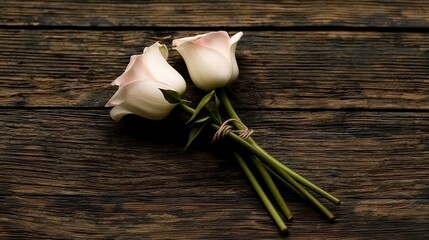 Two delicate light pink roses on a rustic wooden surface.