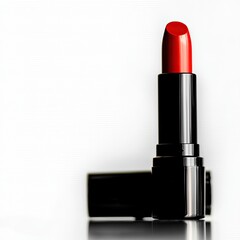 Close-up of a single red lipstick against a white background.