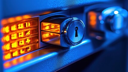 Safe box lock with rotating dial and keyhole in blue light