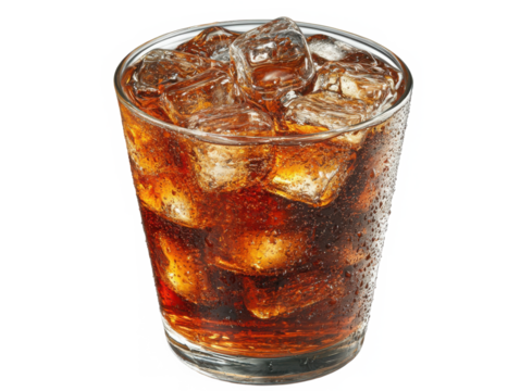 Refreshing cola beverage with ice cubes isolated on transparent background